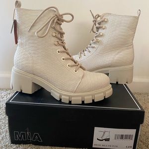 Beige, textured combat boots